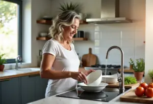 Mulher sorrindo enquanto lava louça em cozinha clean com calha úmida.