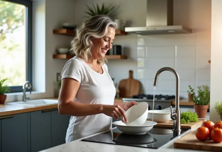 Mulher sorrindo enquanto lava louça em cozinha clean com calha úmida.