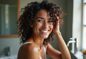 Mulher sorrindo enquanto lava os cabelos cacheados com produto low poo