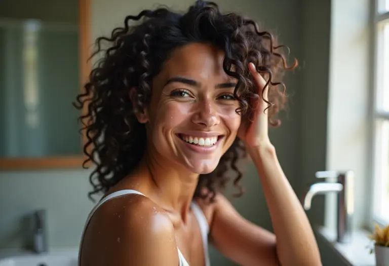 Mulher sorrindo enquanto lava os cabelos cacheados com produto low poo