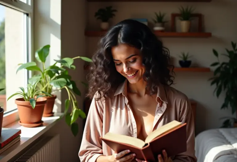 Mulher sorrindo enquanto organiza prateleiras no quarto.
