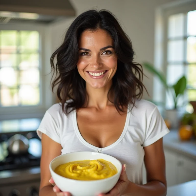 Mulher sorrindo segurando tigela de molho de limão.