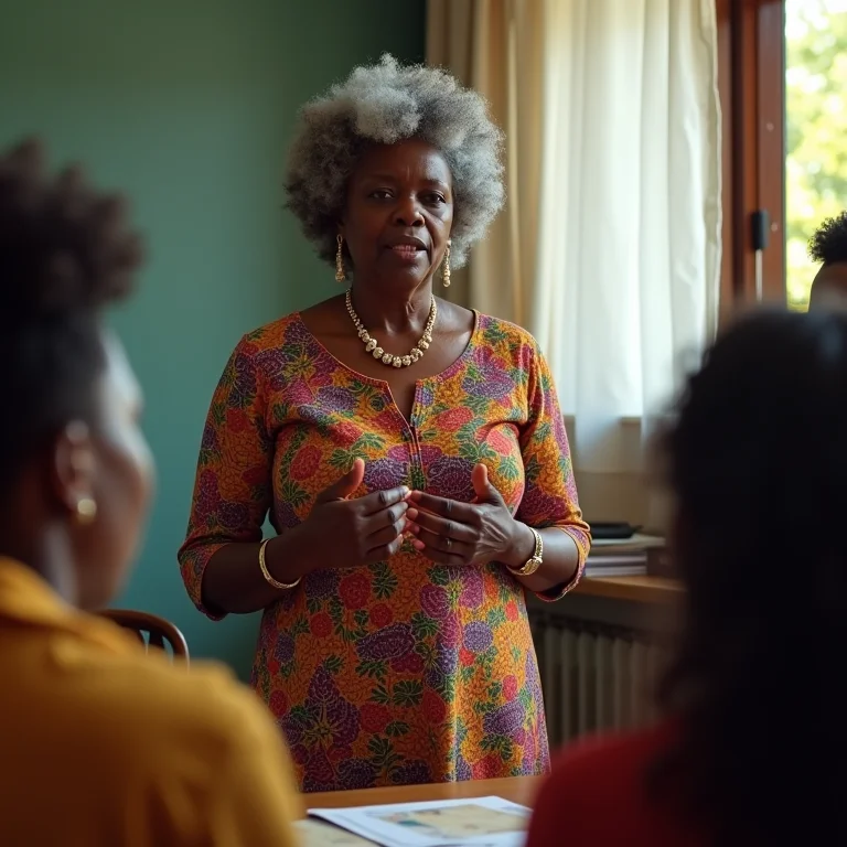 Mulher trans afro-brasileira madura falando para jovens em centro comunitário.