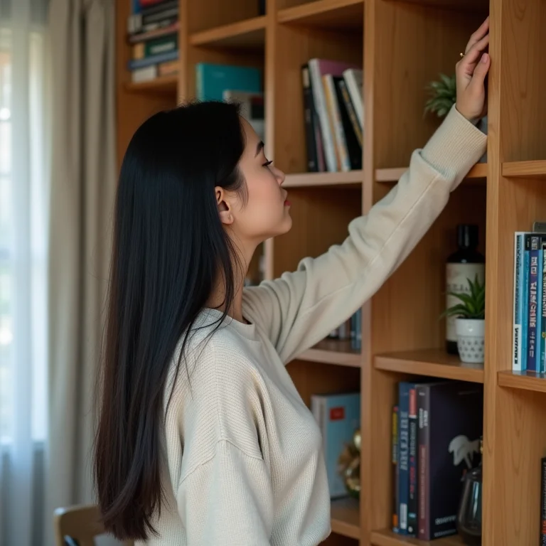Mulher usando estante multifuncional em sala pequena
