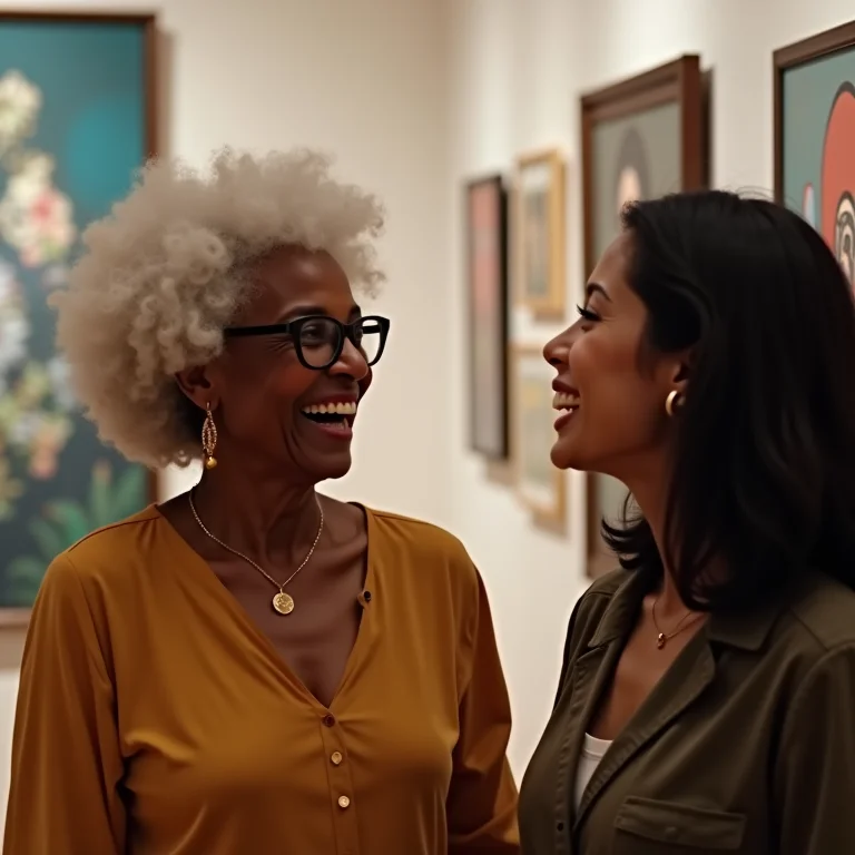 Mulheres brasileiras apreciando arte conceitual em museu.