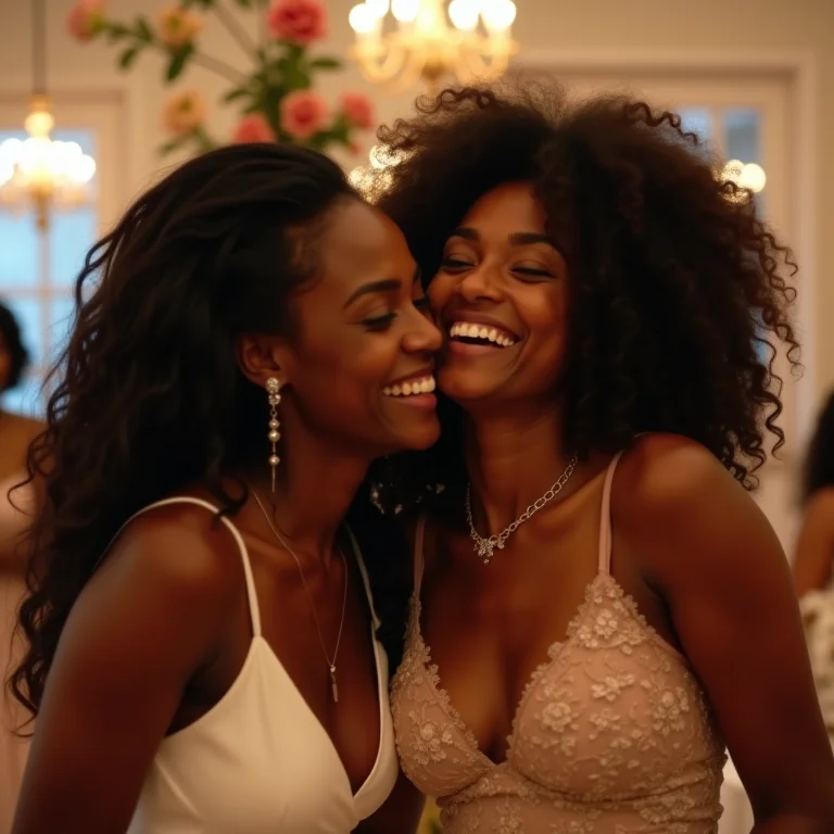 Noivas negras celebrando em casamento com decoração dos sonhos.