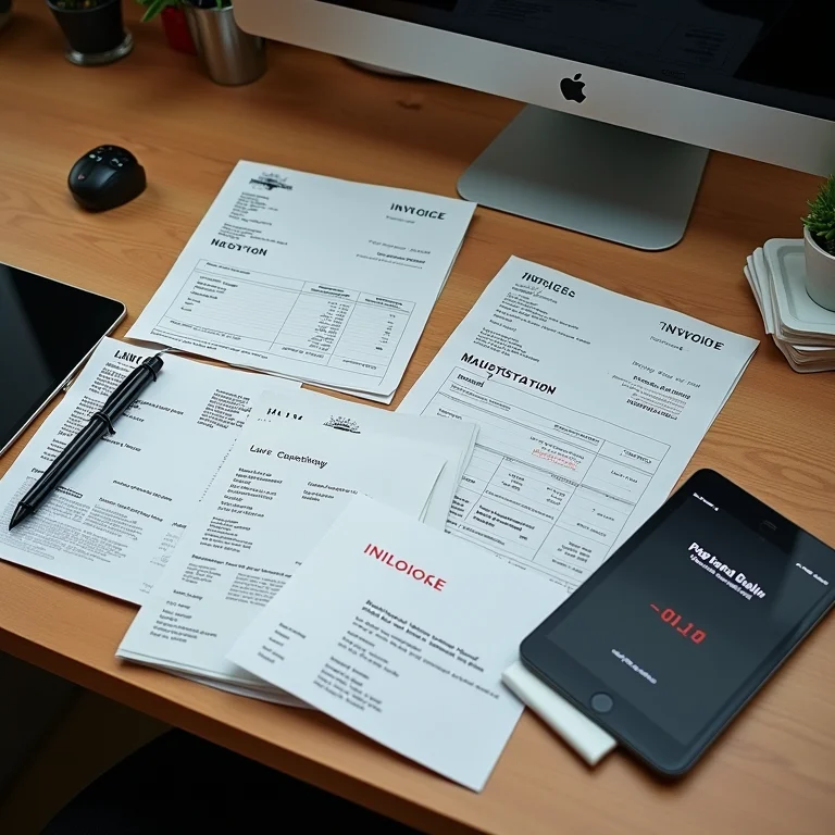 Notas fiscais e tablet mostrando mensagem de erro.