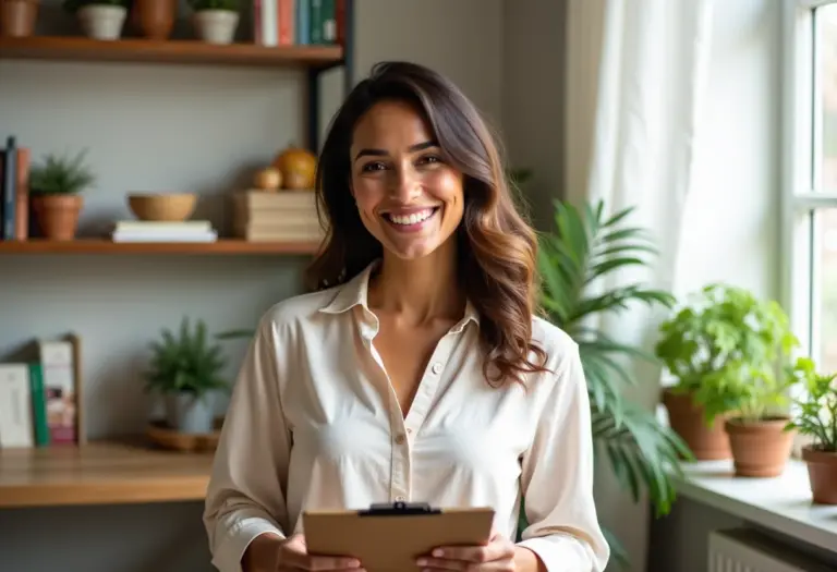 Nutricionista sorrindo em seu consultório acolhedor