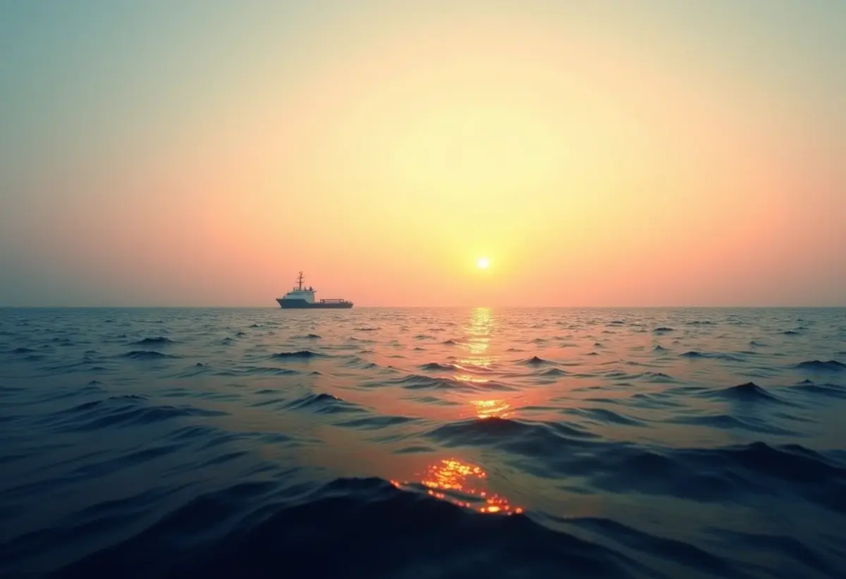Oceano vasto e isolado com um pequeno navio de pesquisa ao longe.