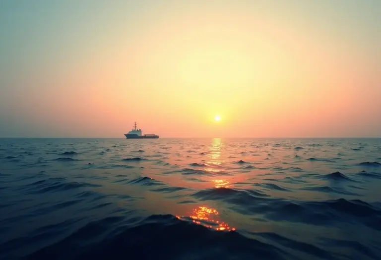 Oceano vasto e isolado com um pequeno navio de pesquisa ao longe.