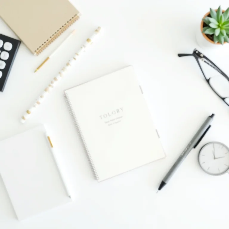 Organização financeira com itens de escritório e planta em mesa branca