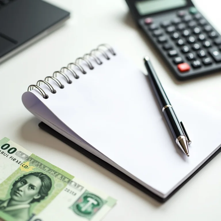 Organização financeira com notebook, caneta, calculadora e reais.