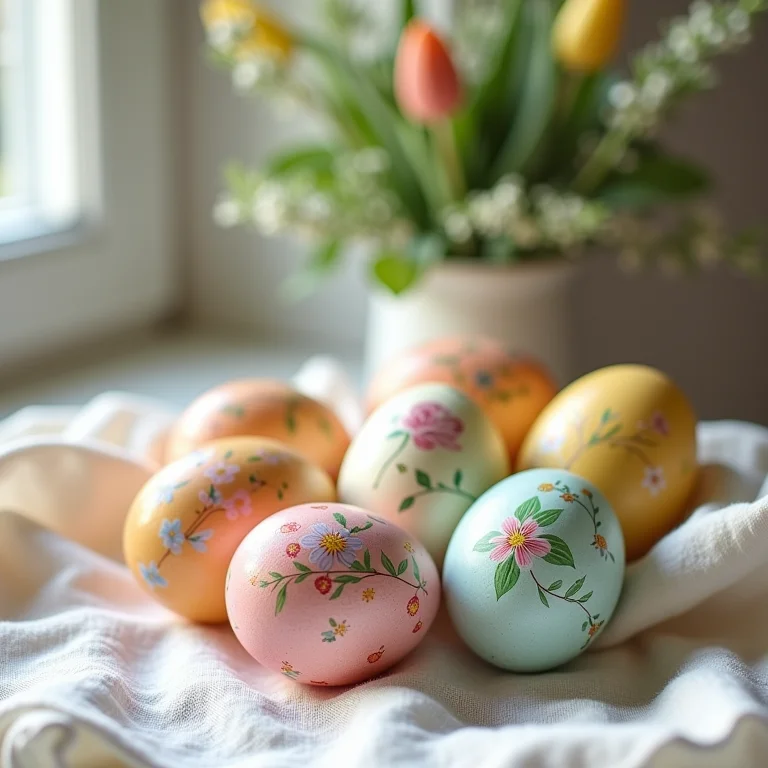 Ovos de Páscoa decorados com tintas naturais e padrões delicados.