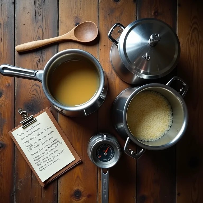 Panelas de mostura e fervura para cerveja artesanal dispostas em mesa de madeira.
