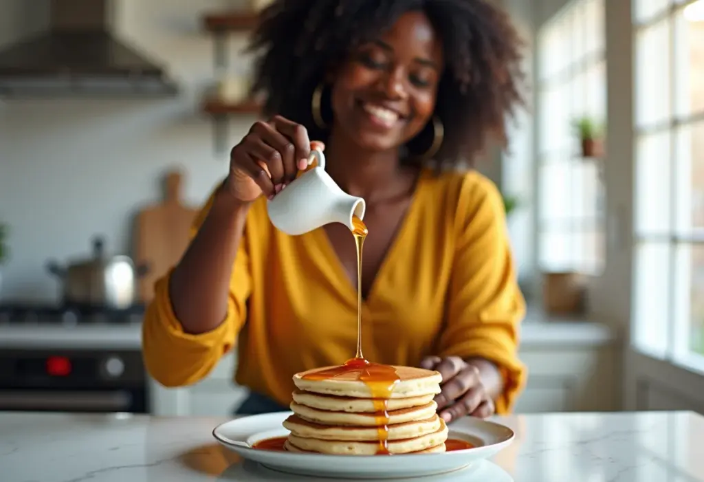Panquecas americanas fofinhas com calda sendo servidas por uma jovem mulher negra.