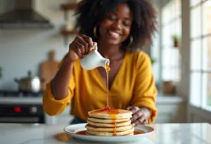 Panquecas americanas fofinhas com calda sendo servidas por uma jovem mulher negra.