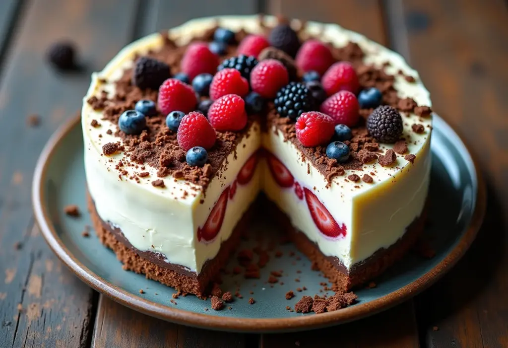 Pavê cremoso com frutas vermelhas e chocolate