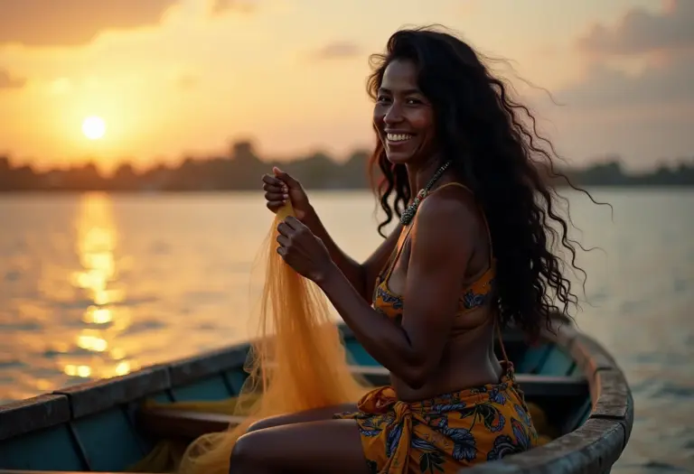 Pescadora artesanal sorrindo enquanto trabalha em sua rede de pesca.