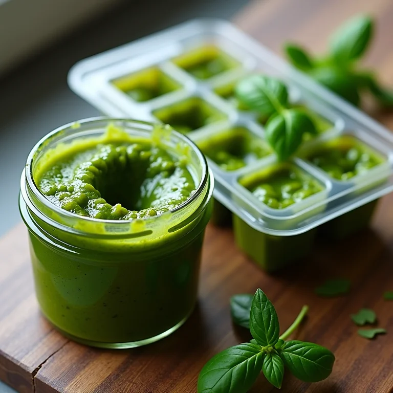 Pesto com queijo congelado em cubos.