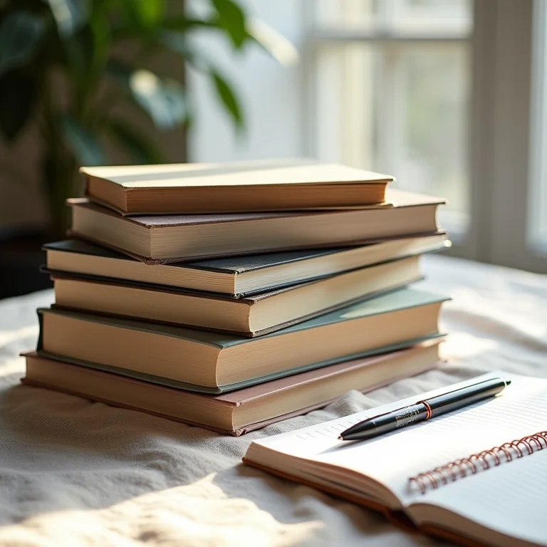 Pilha de livros de negócios com planner e caneta.