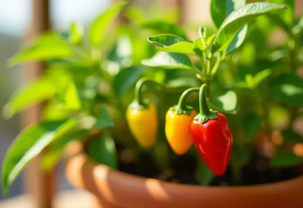 Pimenta de cheiro no vaso: Guia simples para colher em casa Pimenta de cheiro colorida em vaso de barro.