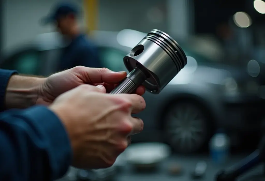 Pistão e biela: O segredo para turbinar seu motor (e economizar) Pistão e biela sendo montados em oficina mecânica