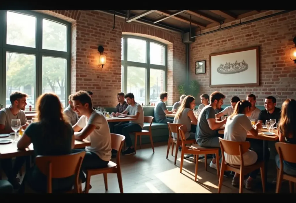 Decoração de pizzaria: 5 erros que espantam seus clientes Pizzaria com decoração aconchegante e clientes diversos