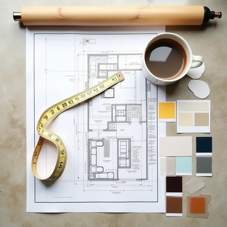 Planta baixa de sobrado pequeno com materiais de construção e decoração.