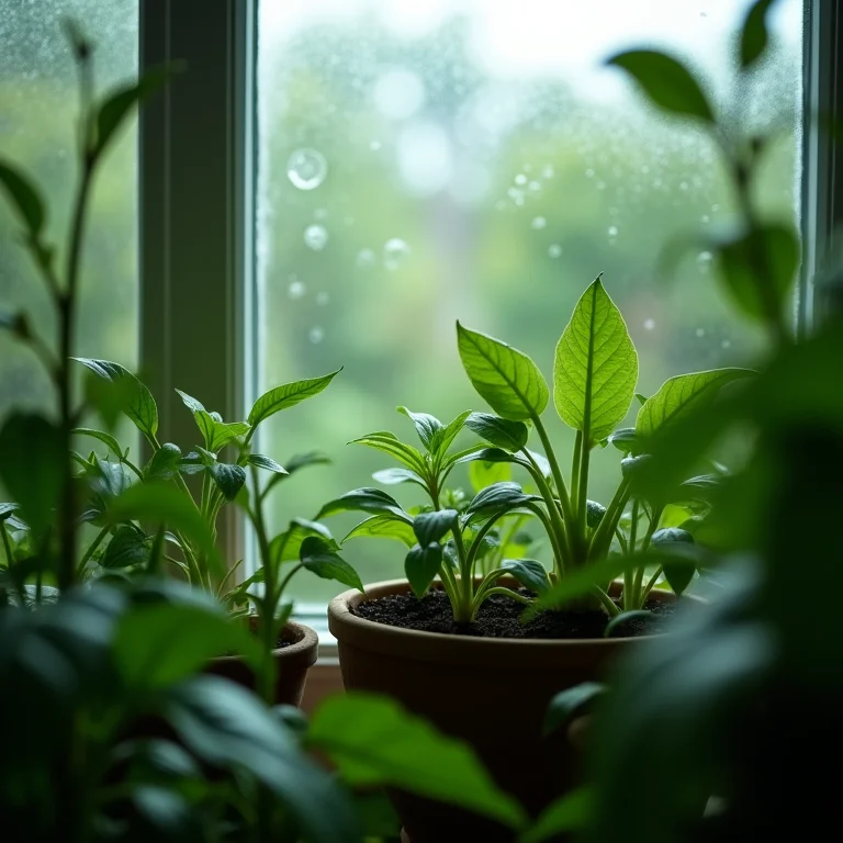 Plantas em jardim interno com ar estagnado e condensação.