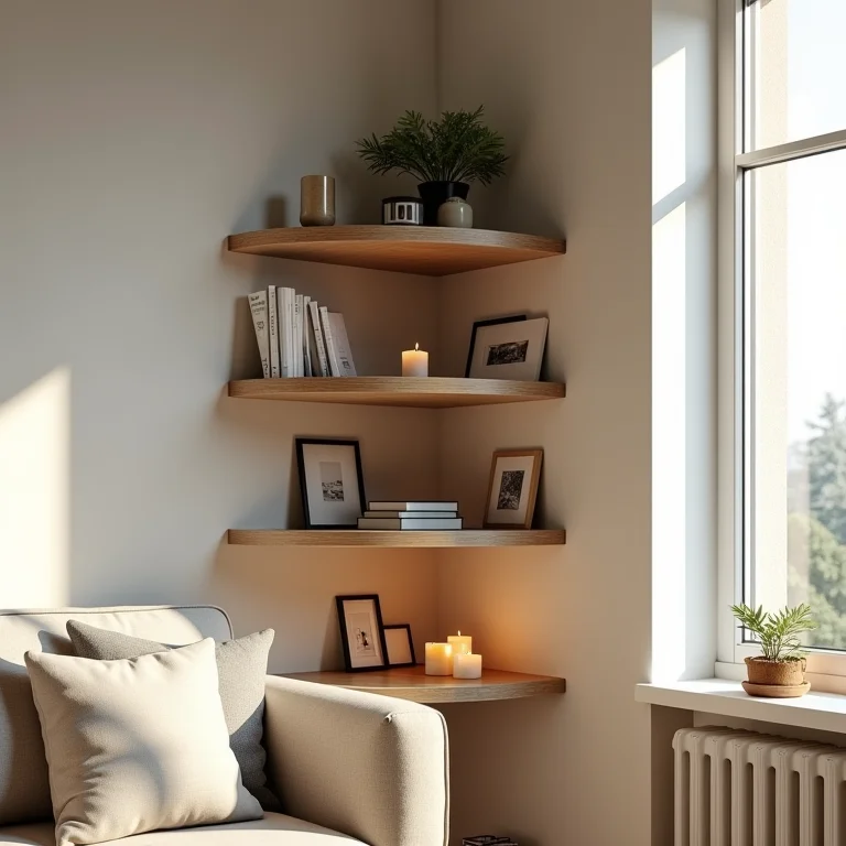 Prateleiras de canto de madeira clara em sala aconchegante.