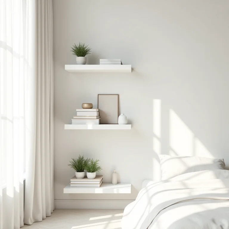 Prateleiras flutuantes brancas com decoração minimalista.