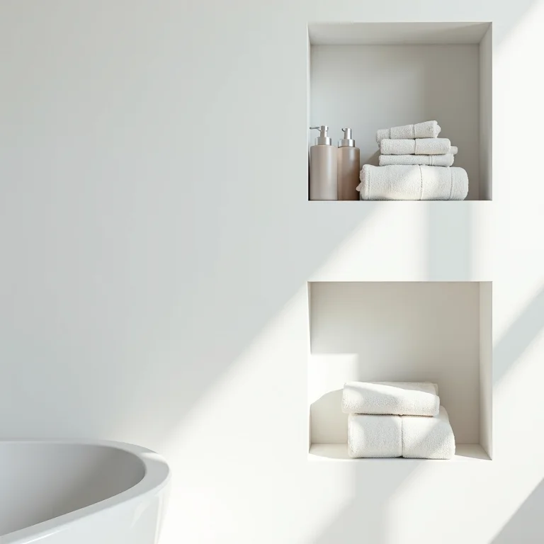 Prateleiras nicho brancas com toalhas e produtos de autocuidado.