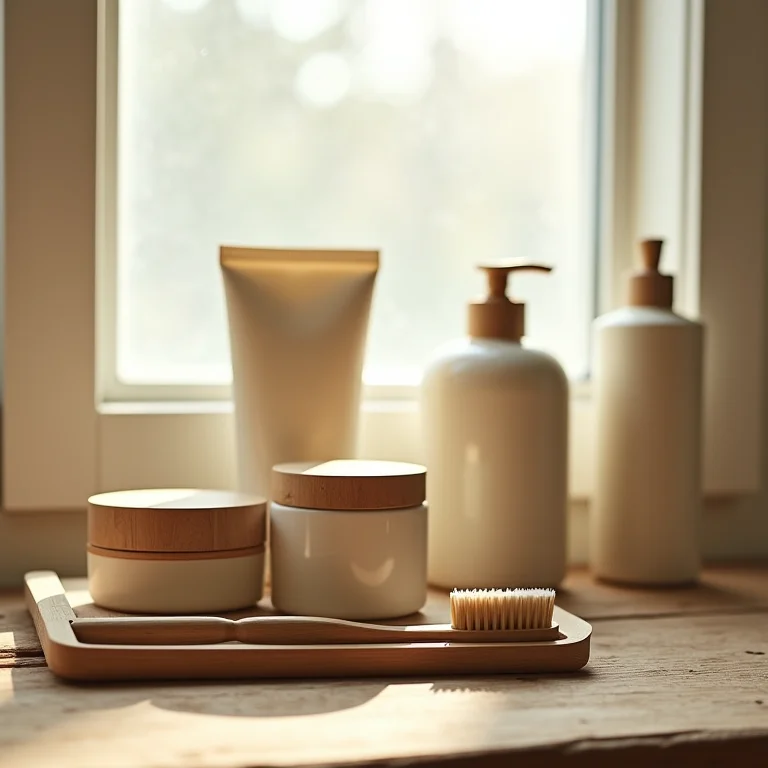 Produtos de higiene pessoal ecológicos e sustentáveis em fundo de madeira rústica