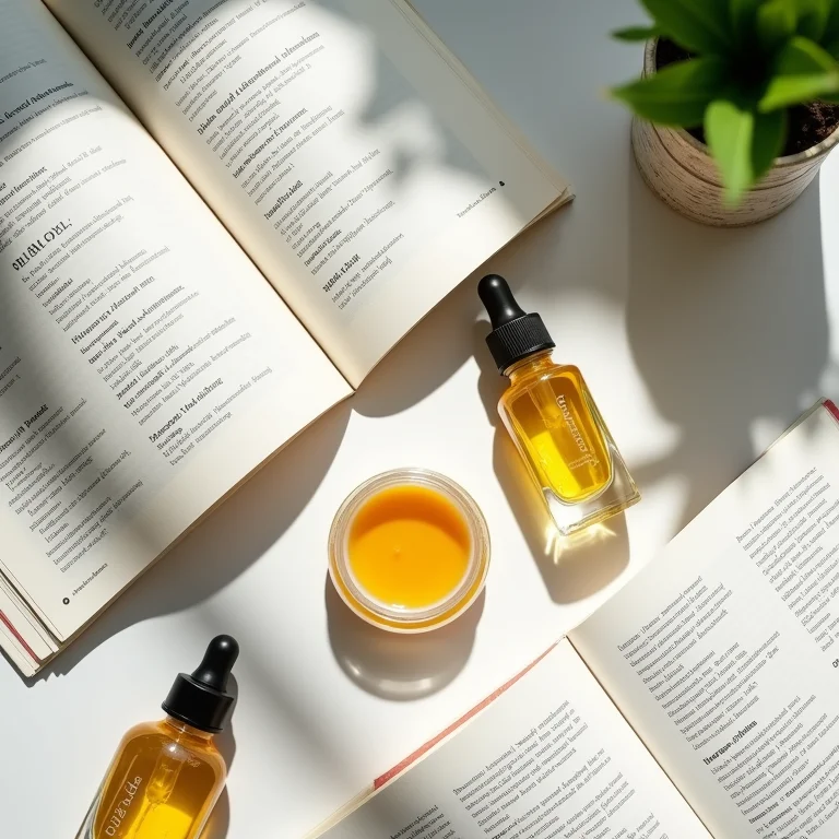 Produtos de skincare natural com ingredientes e tabela nutricional em destaque.