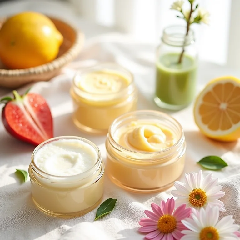 Produtos para peeling facial dispostos em flat lay