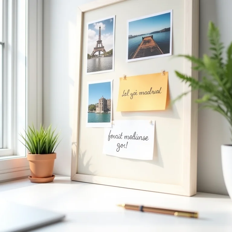 Quadro de visão minimalista com metas financeiras e inspirações de viagem.