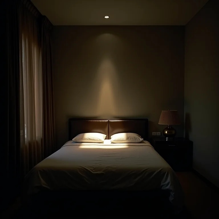 Quarto de hóspedes com iluminação inadequada e ambiente pouco acolhedor.