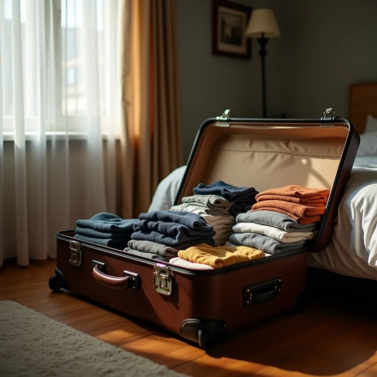 Quarto de hóspedes sem espaço para as coisas dos hóspedes, mala aberta e roupas espalhadas.