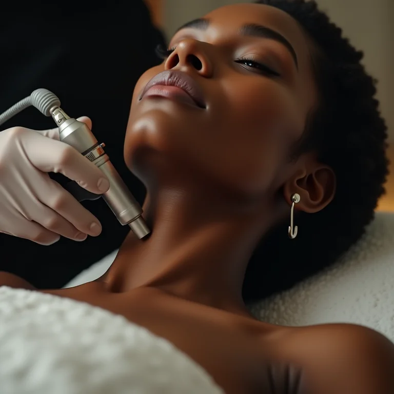 Radiofrequência sendo aplicada no pescoço de uma mulher negra