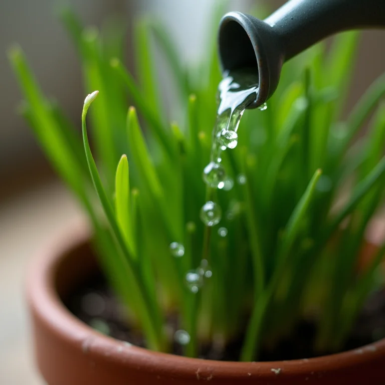 Regando salsinha e cebolinha em vaso.