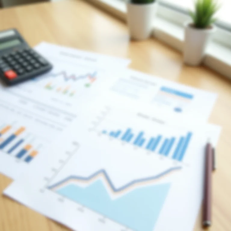 Relatório financeiro com calculadora e gráfico.