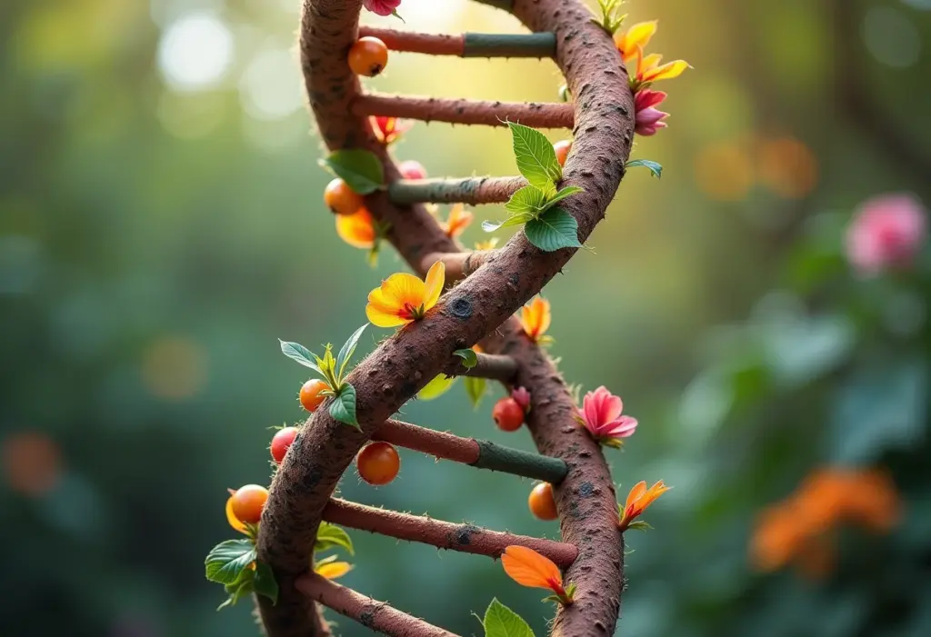 DNA: Guia completo para entender de uma vez por todas Representação visual do DNA com elementos botânicos diversos.