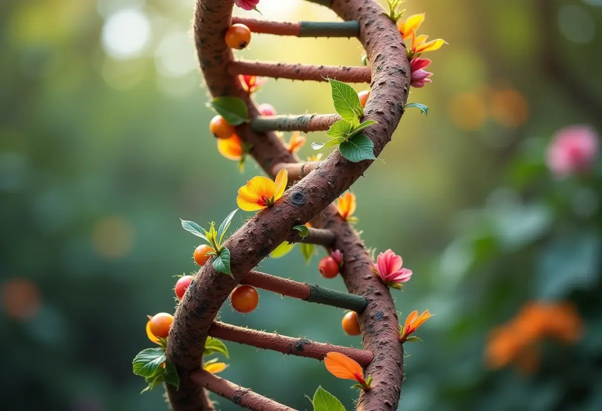 Representação visual do DNA com elementos botânicos diversos.