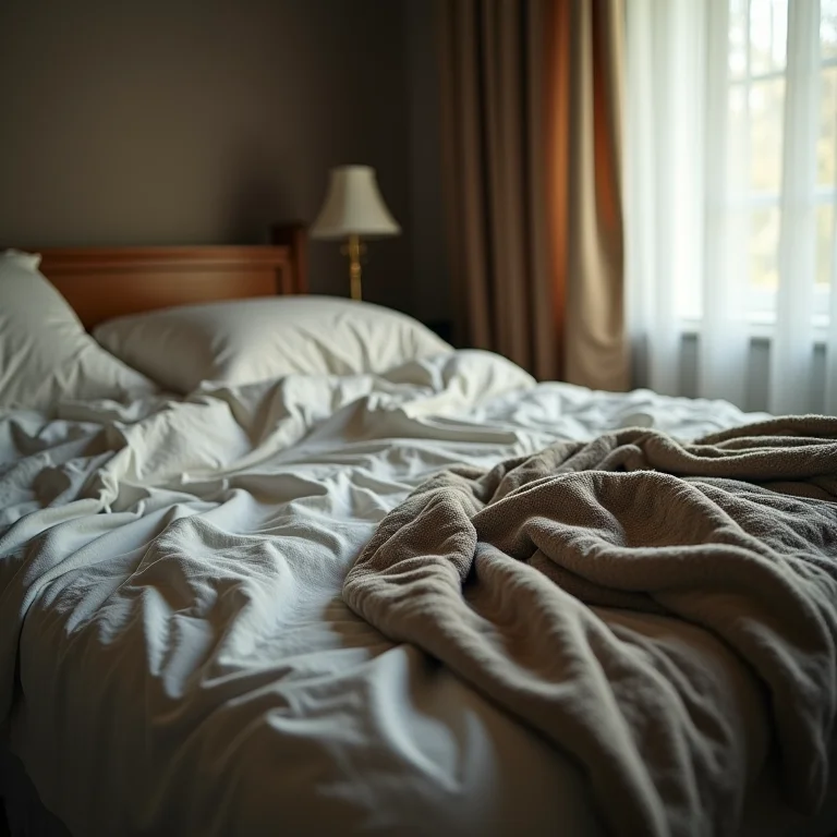 Roupa de cama desconfortável em quarto de hóspedes, lençóis ásperos e cobertor fino.
