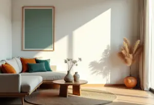 Sala de estar clean e moderna com toques de cor