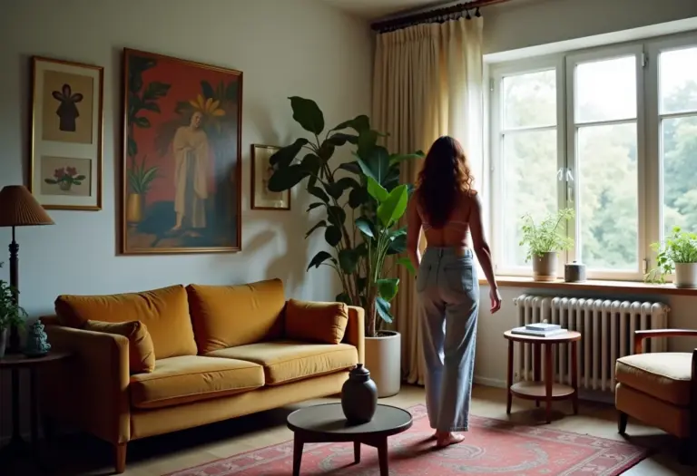 Sala de estar decorada com móveis de antiquário e toques modernos.