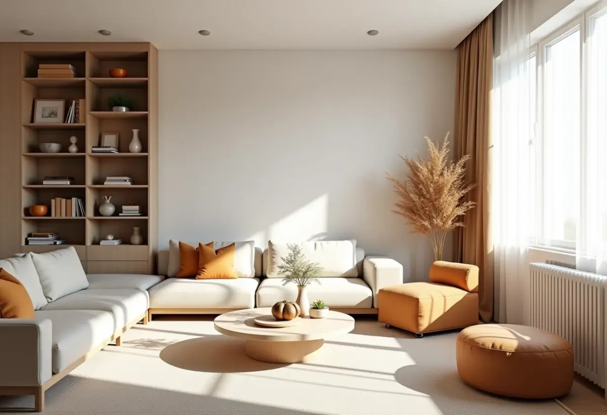 Sala de estar minimalista em sobrado pequeno com iluminação natural.