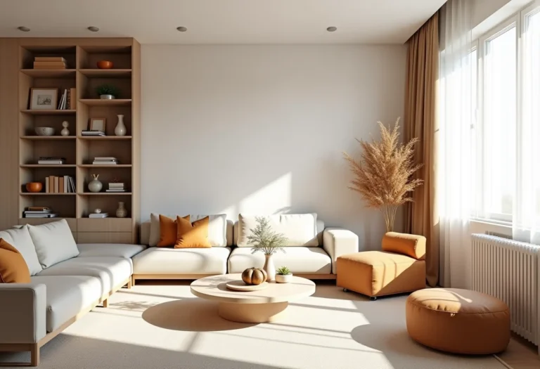 Sala de estar minimalista em sobrado pequeno com iluminação natural.
