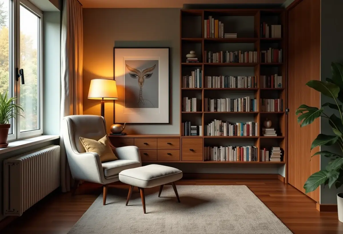 Sala de leitura aconchegante com iluminação suave e livros.