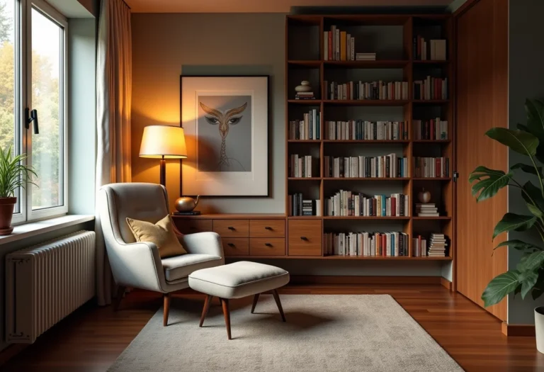 Sala de leitura aconchegante com iluminação suave e livros.